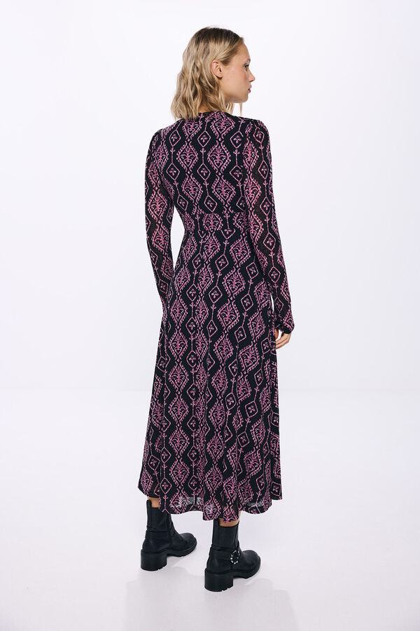 Springfield Printed notched neckline midi dress black