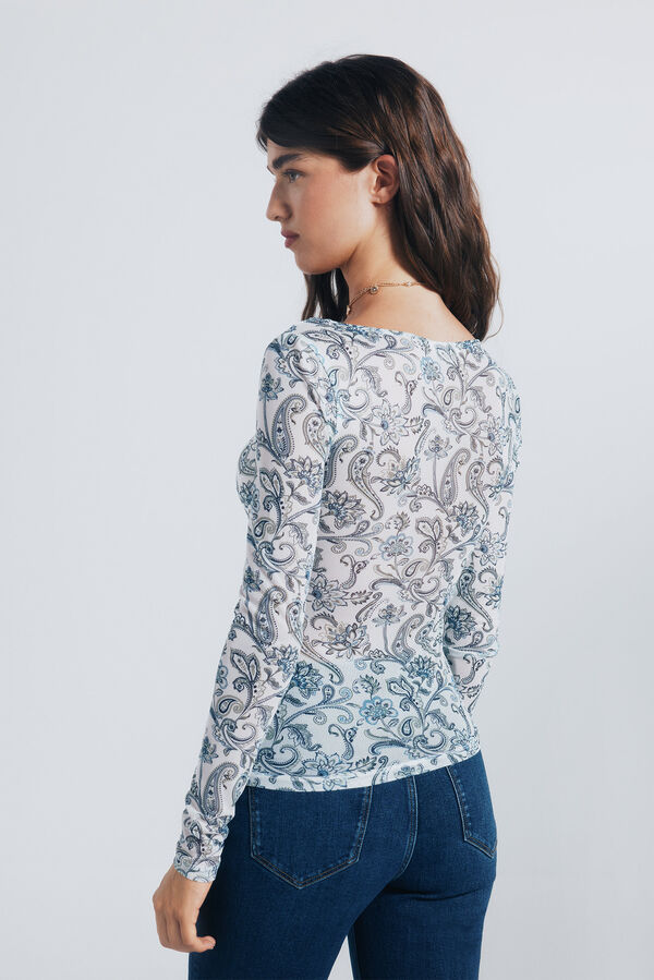 Springfield Camiseta de chiffon com decote franzido estampado branco