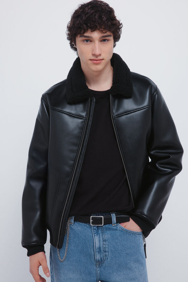 Springfield Blusão aviador dupla face com efeito couro preto