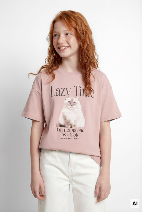 Springfield Kids T-shirt de manga curta com gato para menina rosa