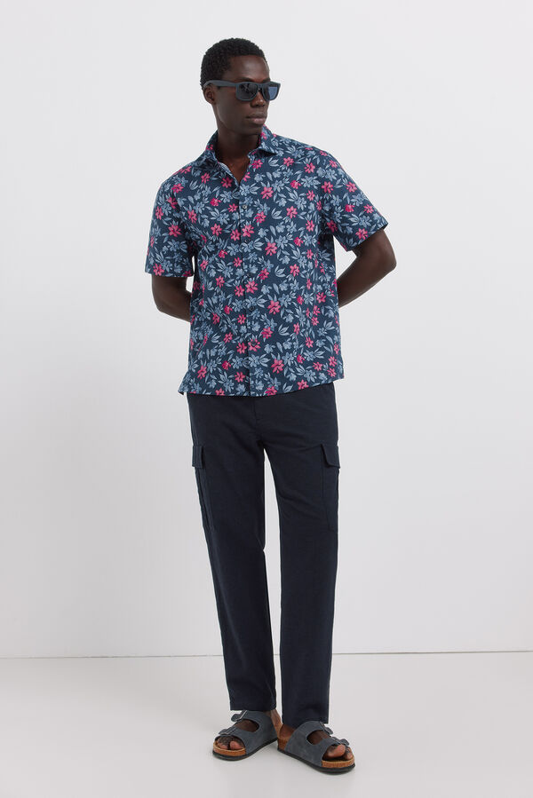 Springfield Camisa de manga curta em linho estampado azul