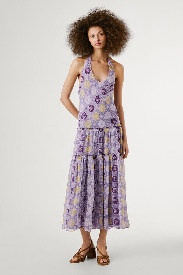 Pepe Jeans  Vestido longo e fluído estampado, mangas.  rosa