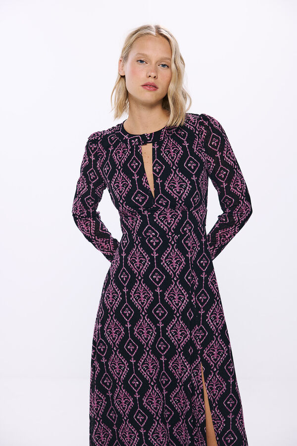 Springfield Printed notched neckline midi dress black