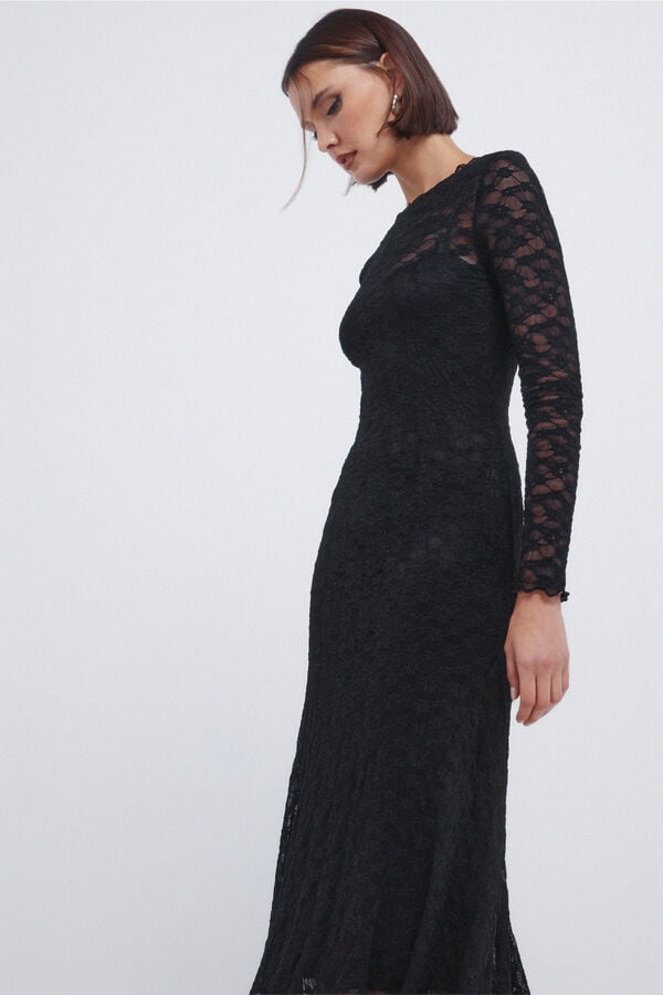 Springfield Vestido midi de renda assimétrico preto