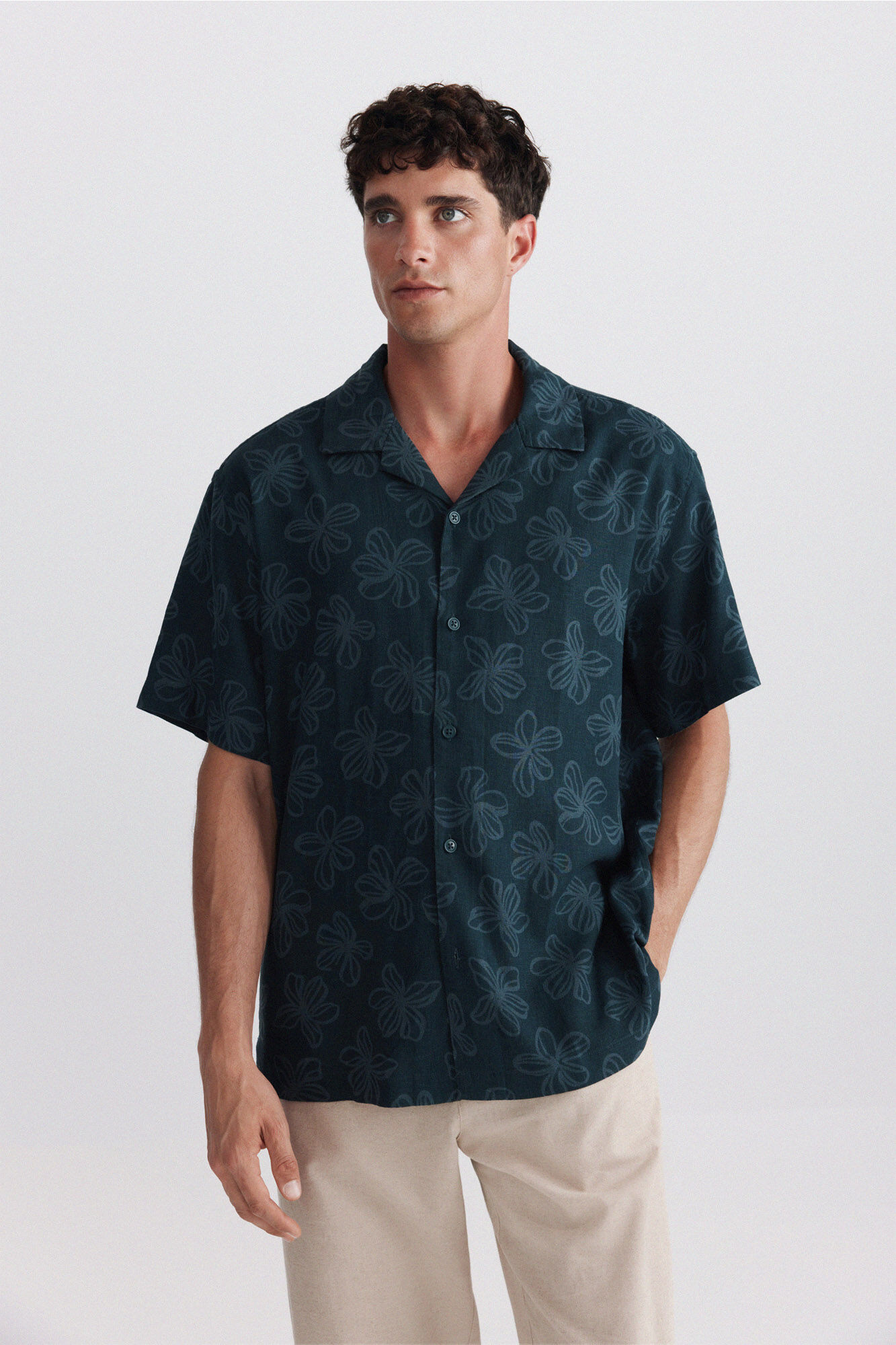 Springfield Camisa de manga curta em linho e rayon estampada