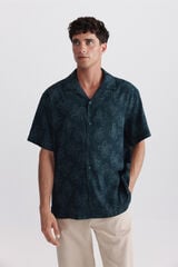 Springfield Camisa de manga curta em linho e rayon estampada azul