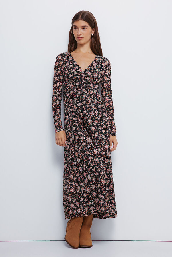 Springfield Vestido midi floral com decote laço preto