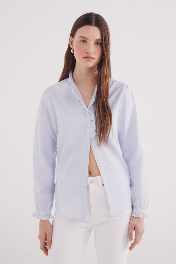 Springfield Blusa Oxford com gola franzida azul