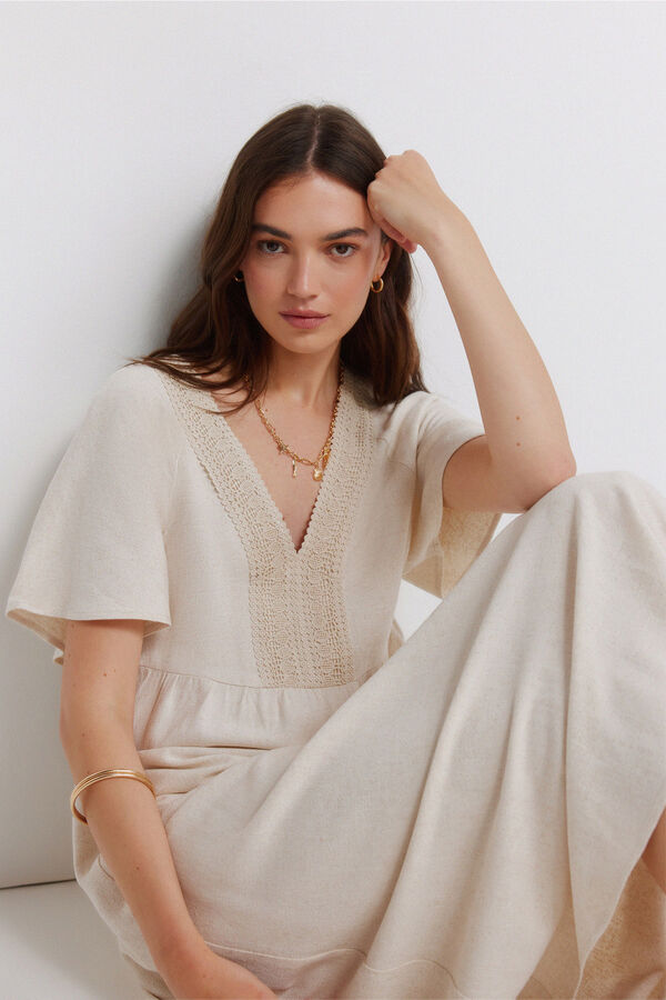 Springfield Vestido midi em linho crochet cru