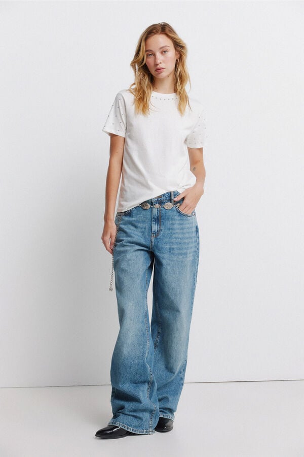 Springfield T-shirt manga curta com tachas bege