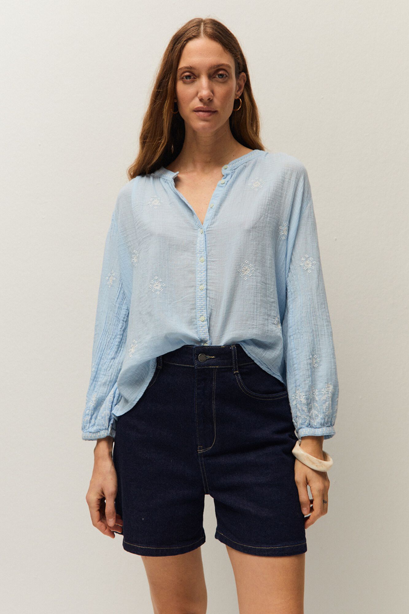 Systemaction Camisa bordada gola mao