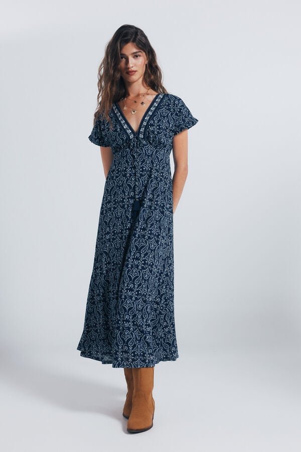 Springfield Vestido midi com decote bordado azul