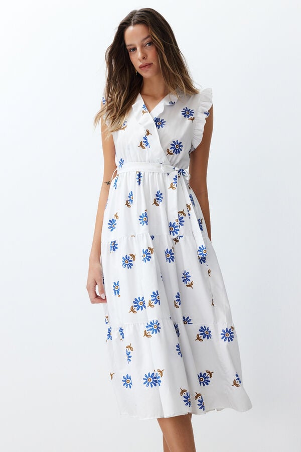 Trendyol Vestido midi com cinto estampado branco