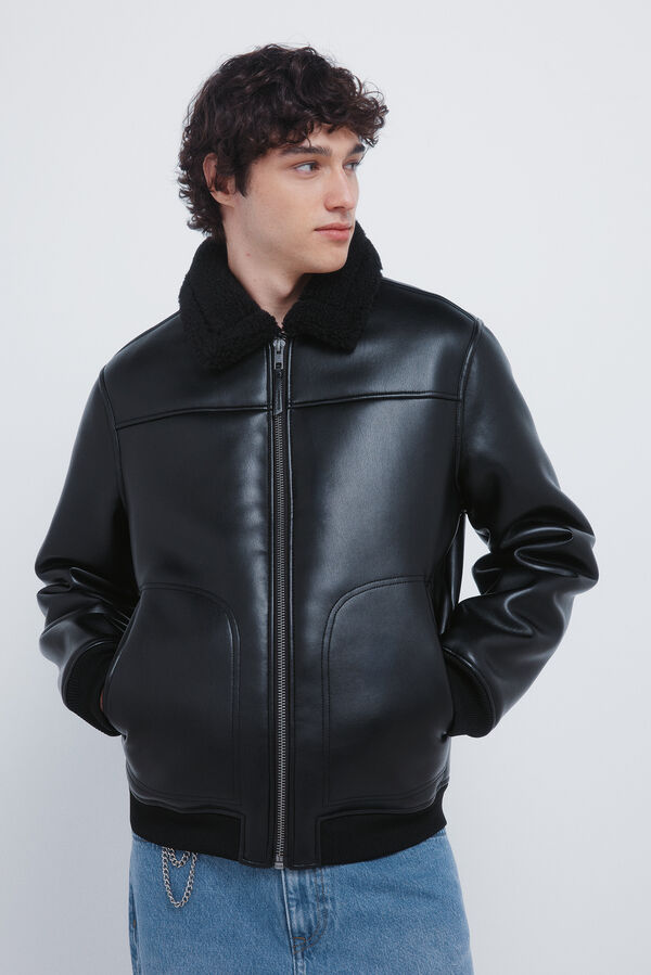 Springfield Blusão aviador dupla face com efeito couro preto