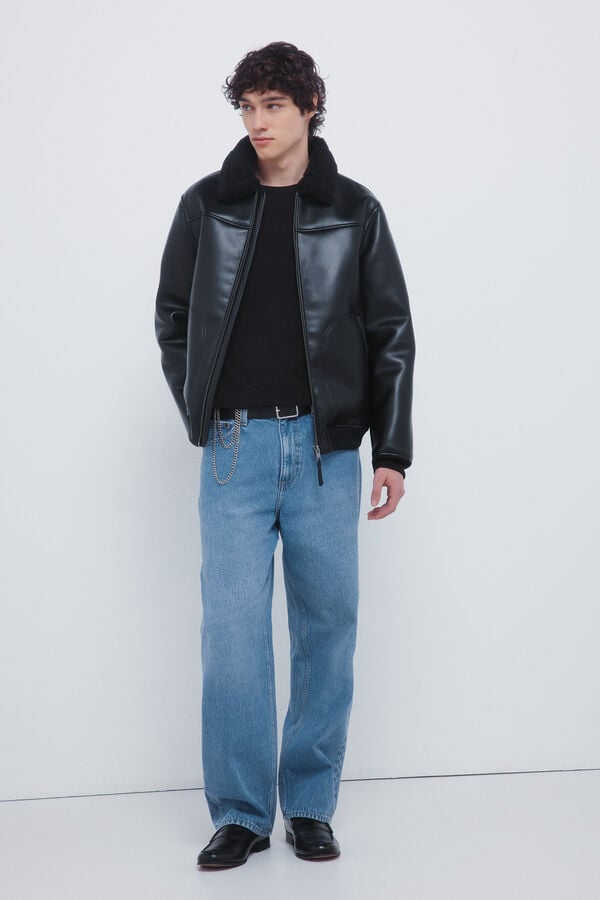 Springfield Blusão aviador dupla face com efeito couro preto