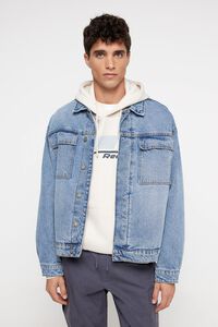 Springfield Denim jacket with embroidery at the back steel blue