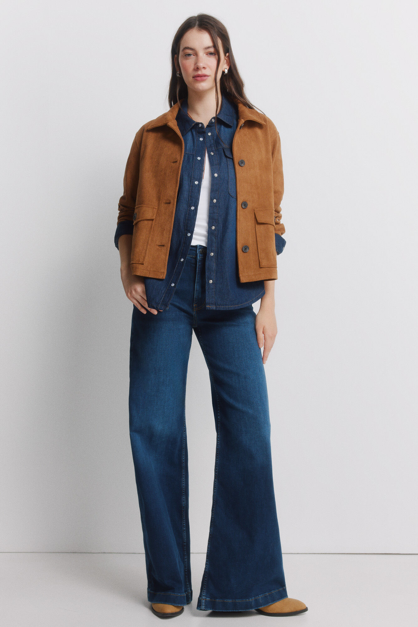 Springfield Camisa jeans com bolsos de algod&atilde;o