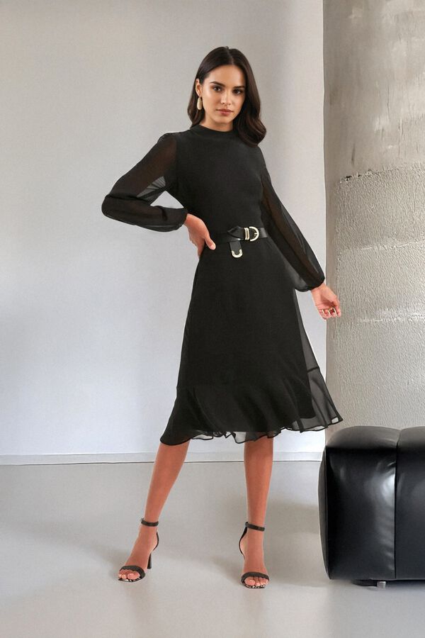 Trendyol Vestido midi com mangas transparentes preto