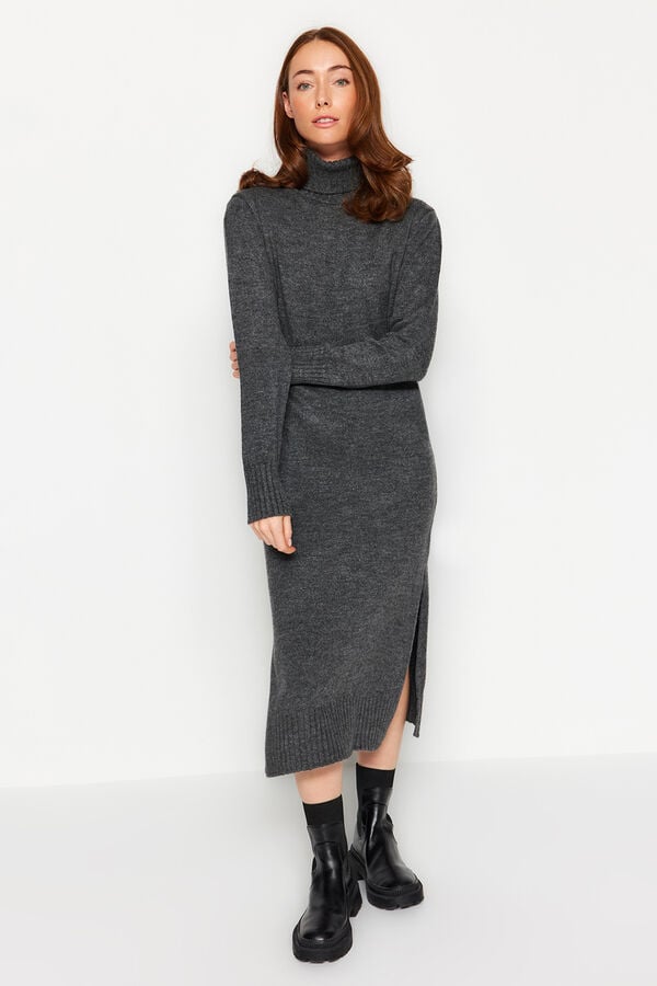 Trendyol Vestido midi gola alta com abertura cinzento
