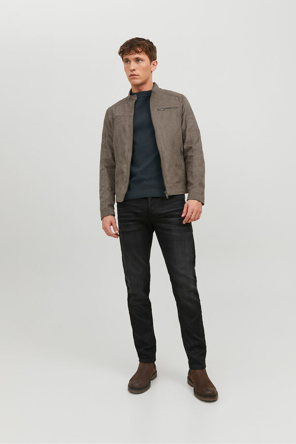 Jack & Jones Casaco de motoqueiro com efeito camur&ccedil;a cinzento