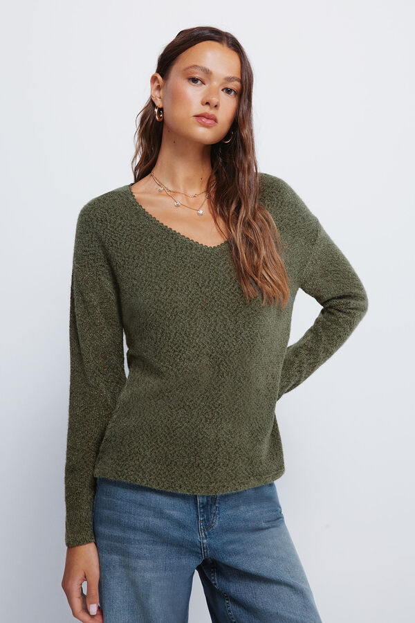 Springfield T-shirt chenille com decote em renda Caqui escuro