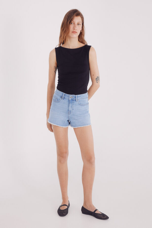 Springfield Shorts jeans com baixo desfiada azul