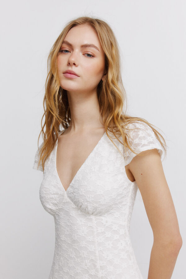 Springfield Vestido de renda com decote em bico branco