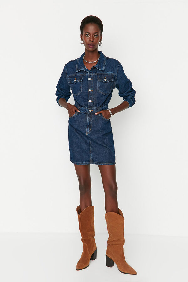Trendyol Vestido curto de ganga estilo camisa azul