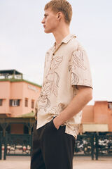 Springfield Camisa de manga curta estampada em linho e viscose bege