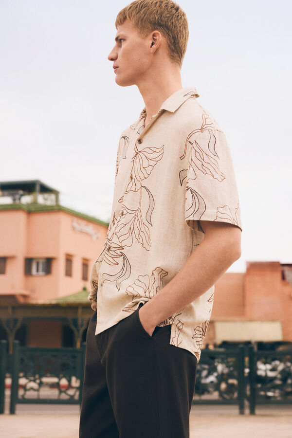 Springfield Camisa de manga curta estampada em linho e viscose bege