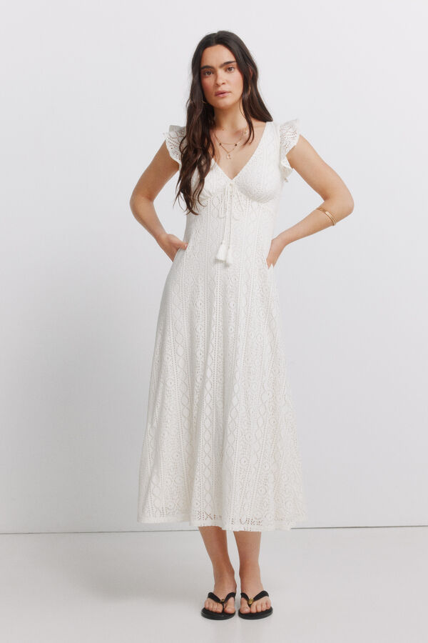 Springfield Vestido midi manga curta com folhos branco