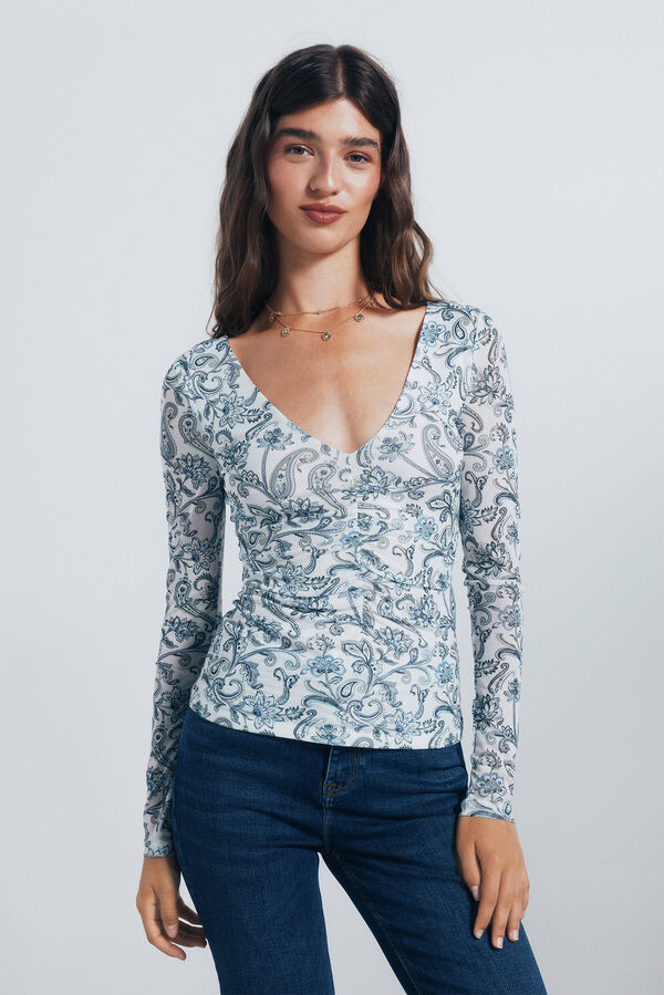 Springfield Camiseta de chiffon com decote franzido estampado branco