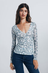 Springfield Camiseta de chiffon com decote franzido estampado branco