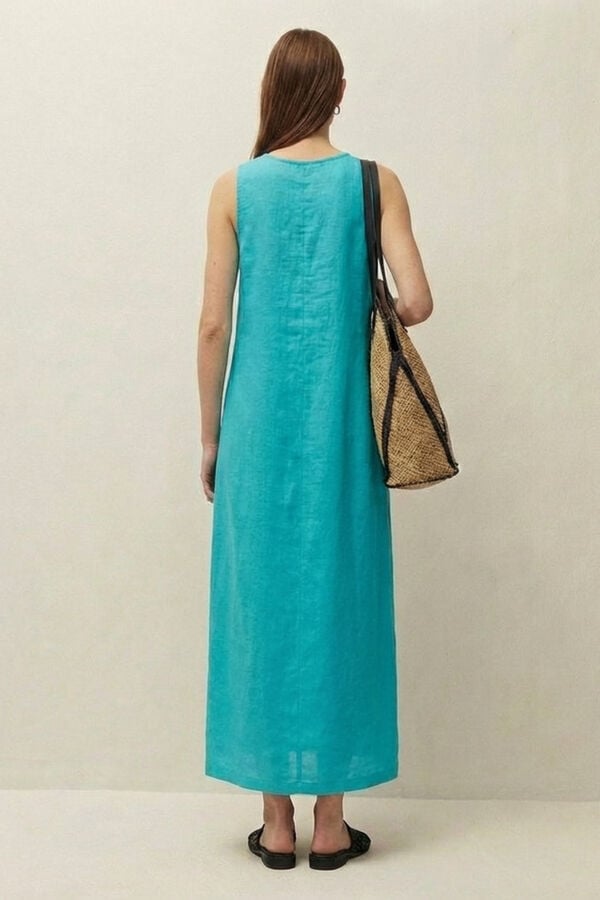 Systemaction Vestido comprido de linho azul