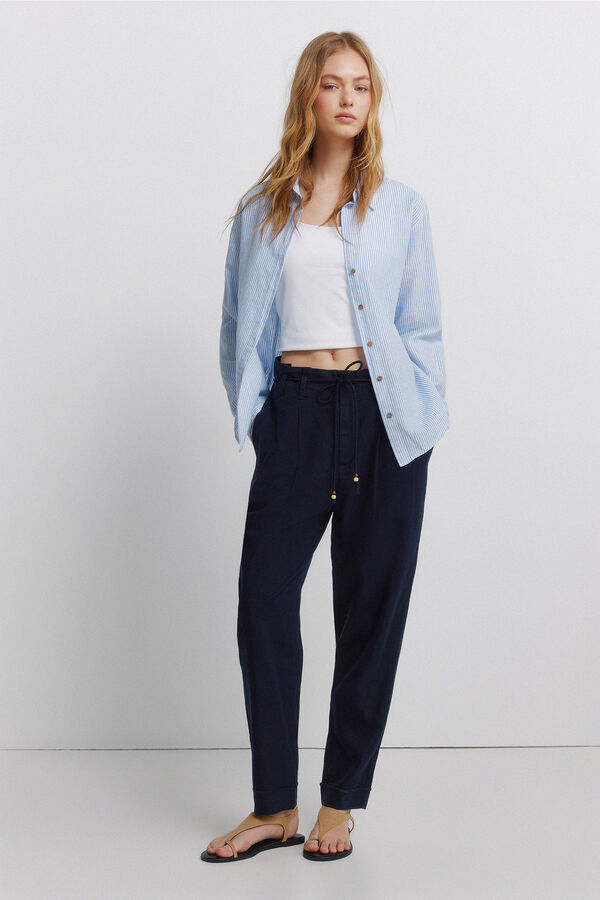 Springfield Camisa em linho decote em bico azul