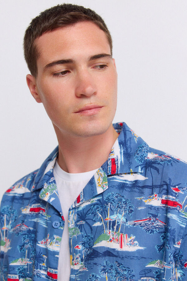 Springfield Camisa de manga curta bowling estampada azul