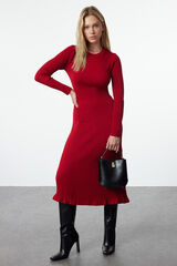 Trendyol Vestido midi de malha manga comprida ajustado vermelho