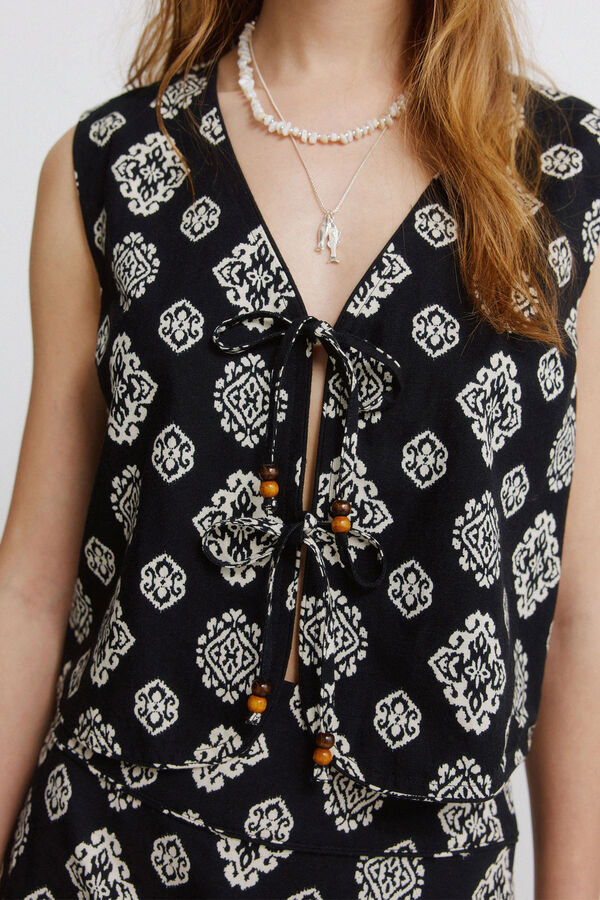 Springfield Chaleco lino estampado &eacute;tnico negro