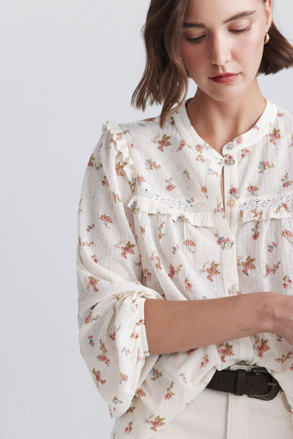 Springfield Blusa estampada com folhos de renda azul