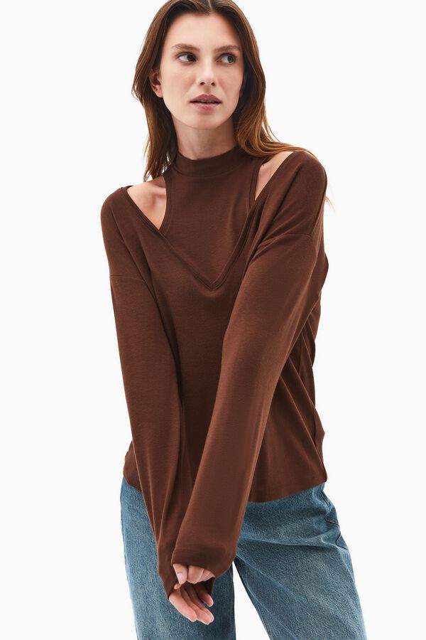Oxxo Top manga comprida efeito layering castanho