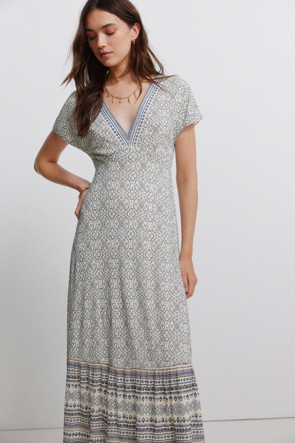 Springfield Vestido estampado sanefa decote bege