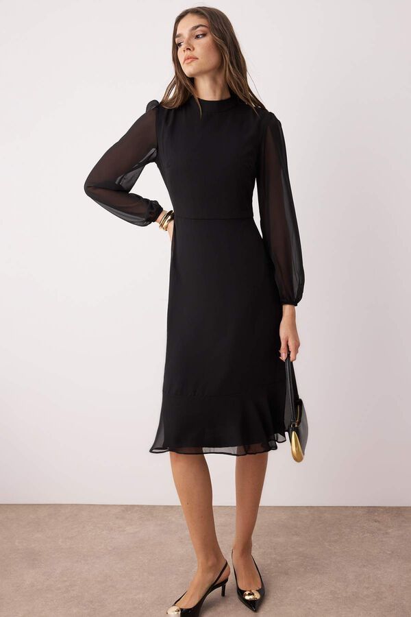 Trendyol Vestido midi com mangas transparentes preto