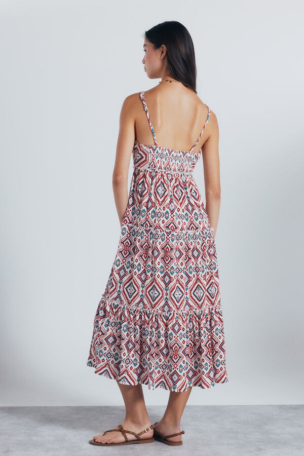 Springfield Vestido midi estampadado étnico geométrico beige