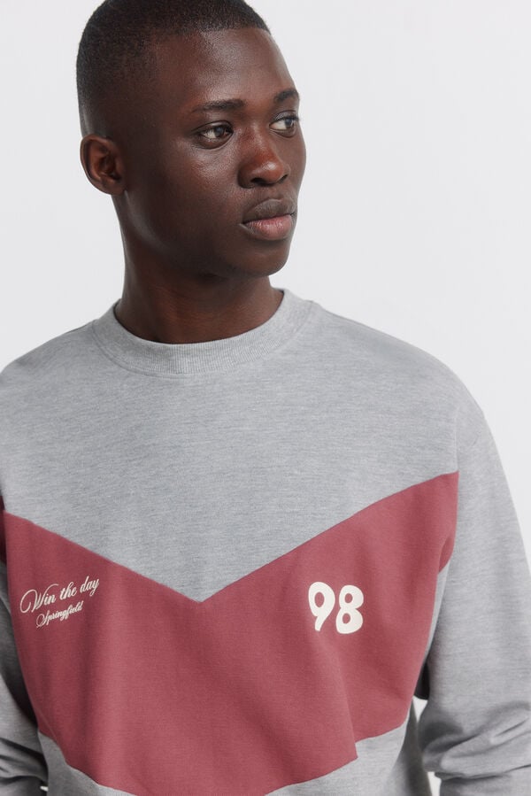 Springfield T-shirt manga comprida de piqu&eacute; com detalhe do mesmo tecido em contraste em V cinzento