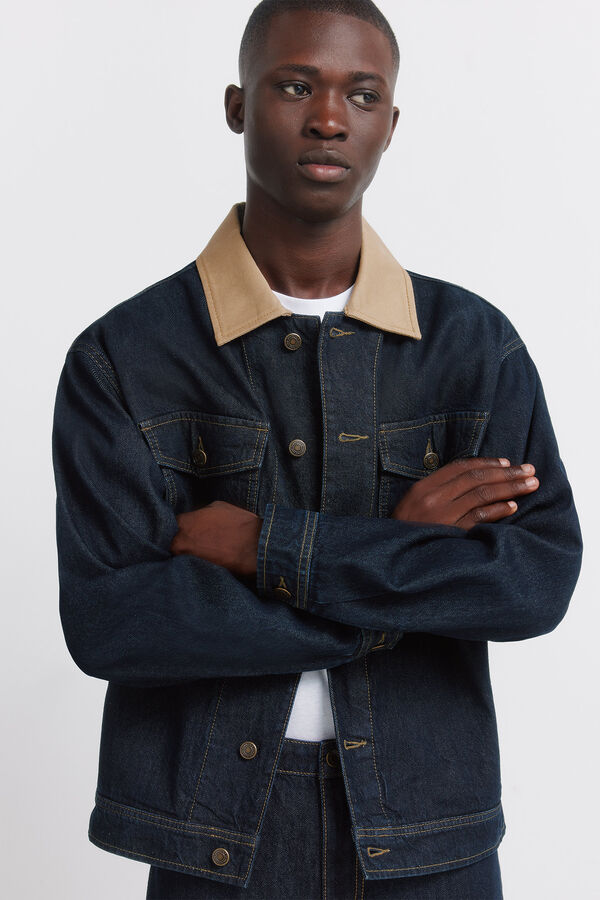 Springfield Jaqueta jeans oversized com gola contrastante azul