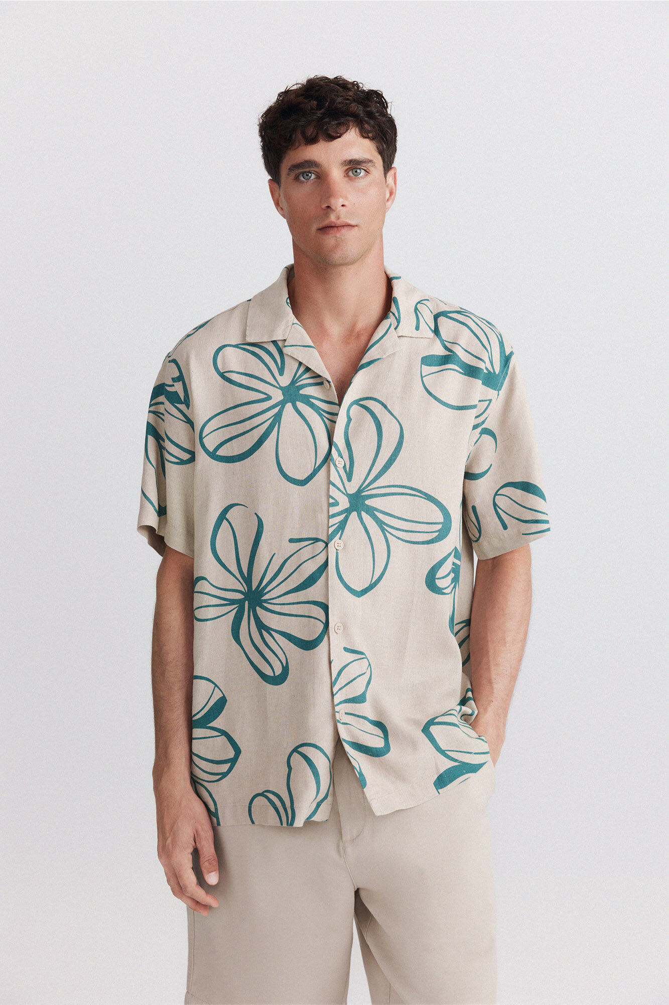 Springfield Camisa de manga curta em linho e rayon estampada