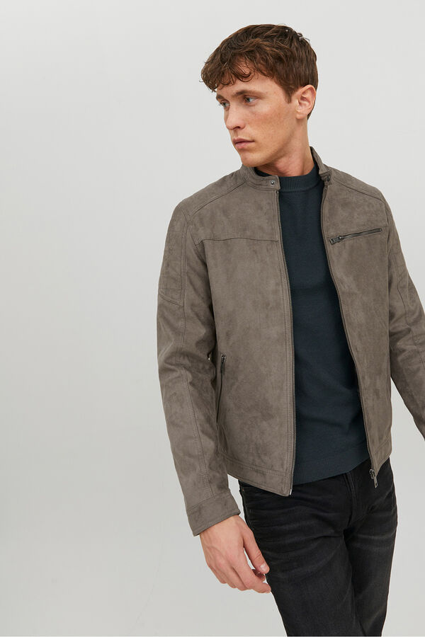 Jack & Jones Casaco de motoqueiro com efeito camur&ccedil;a cinzento
