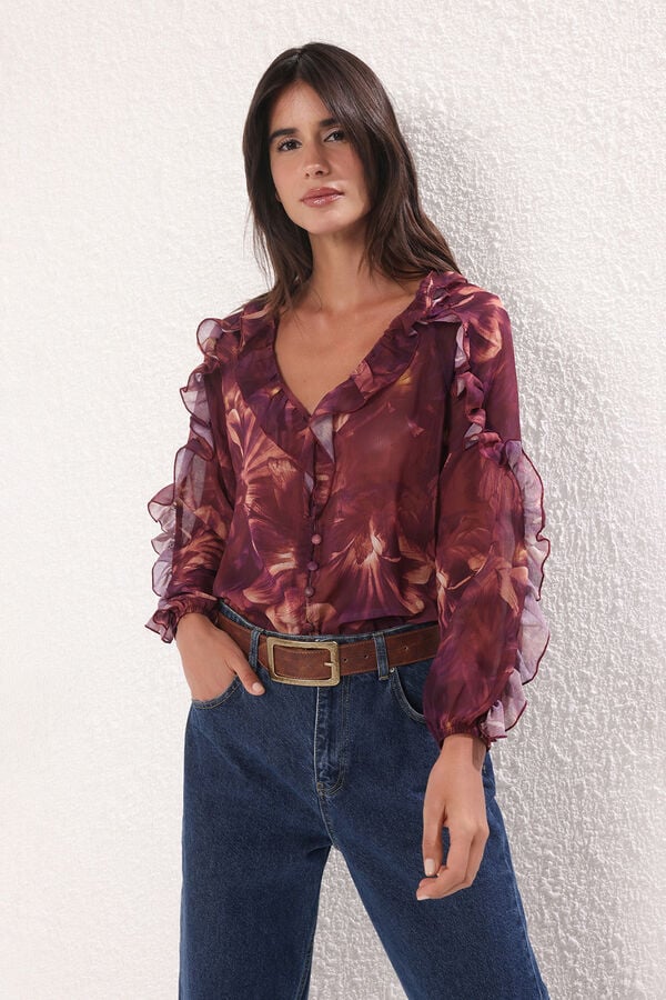 Trendyol Blusa flu&iacute;da volantes morado/lila