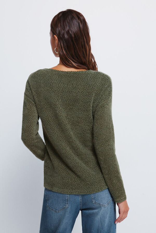 Springfield T-shirt chenille com decote em renda Caqui escuro