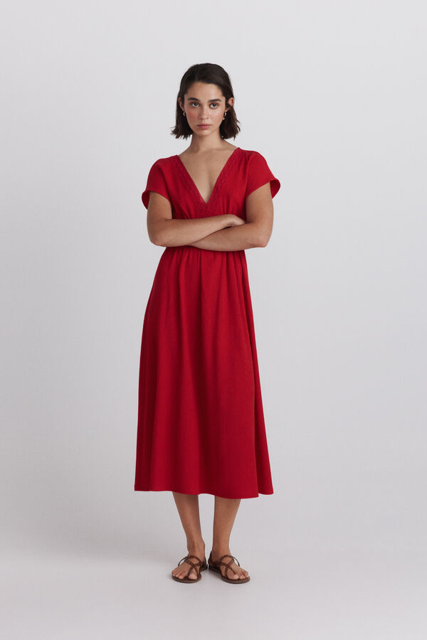 Springfield Vestido midi de manga curta com estampado sanefa vermelho